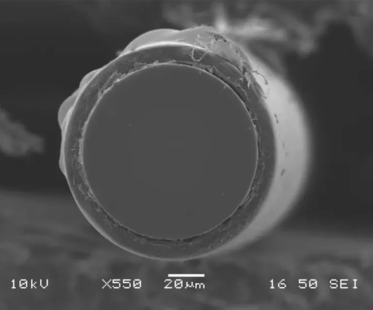 Laser cleaved optical fiber close up