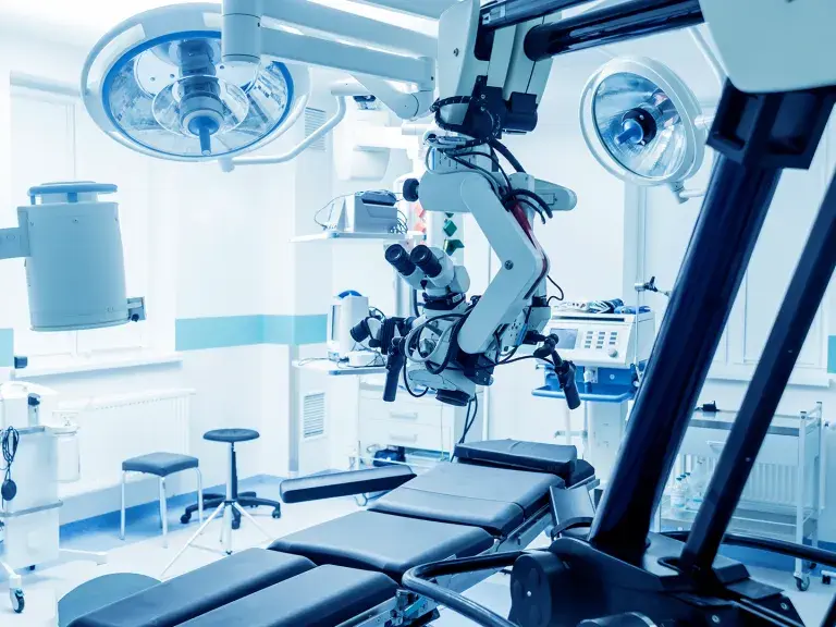 Modern microscope for operations in surgery room at the hospital.