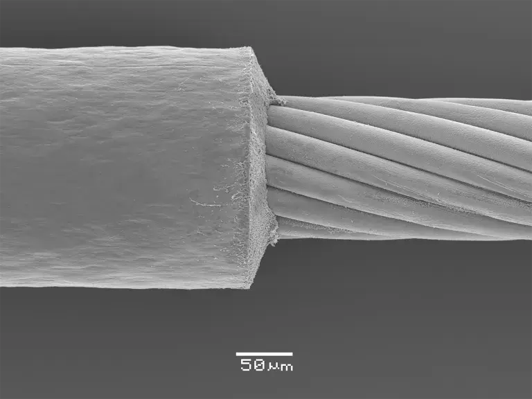 Laser Stripping Fine Wire Processing SEM Image at 50um