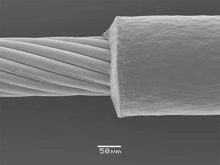 Laser Stripping Fine Wire Processing SEM Image at 50um