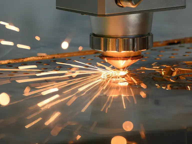 Close up scene the fiber laser cutting machine cut the metal plate control by CNC program.