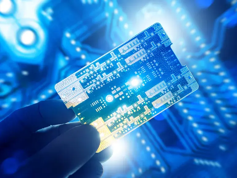  Downloaded Electronics manufacturing, Microtechnology. Technician in gloves holds printed circuit board, inspecting components for quality control, testing, assembly and semiconductor production